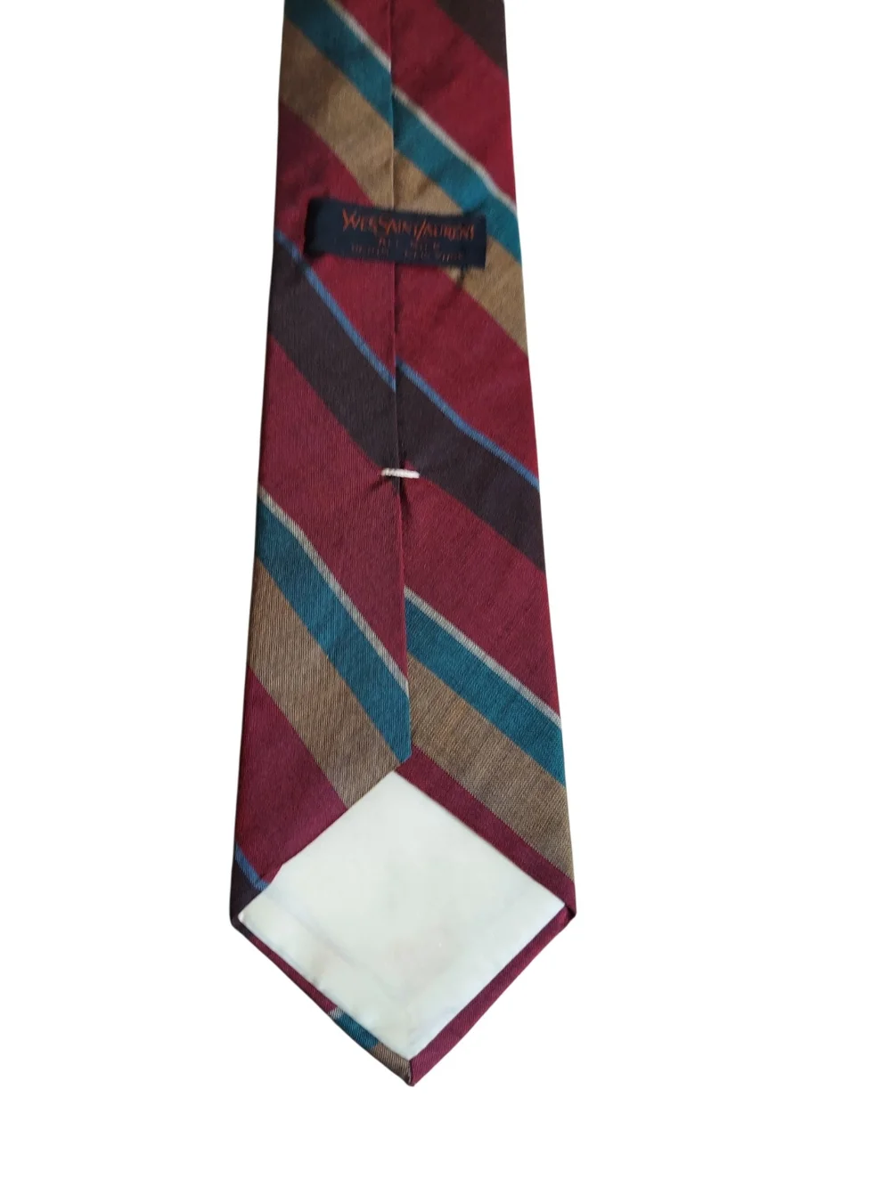 Vintage Yves Saint Laurent Silk Tie Burgundy Teal Gold Stripe Designer Necktie